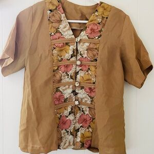 Vintage Mustard Brown and Floral Top